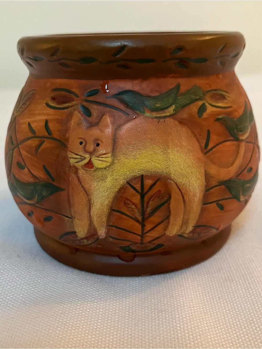 VTG Lang Primitive Cat Bird Candle Holder Votive Folk Art Fall Decor Farmhouse